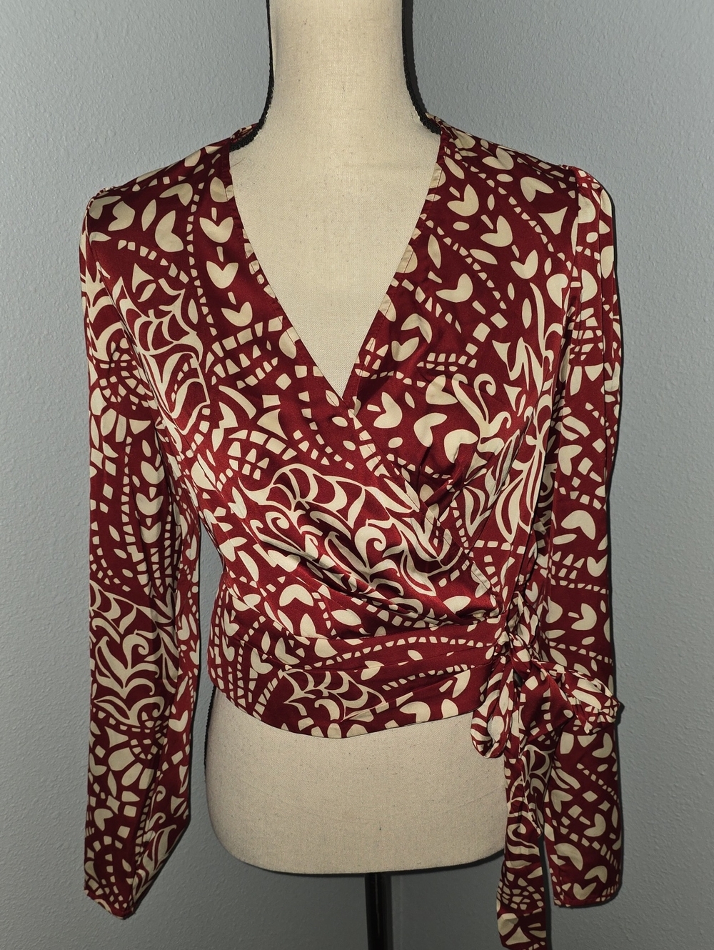 Joie Burgundy and Cream Floral Mock Wrap Blouse Sz M